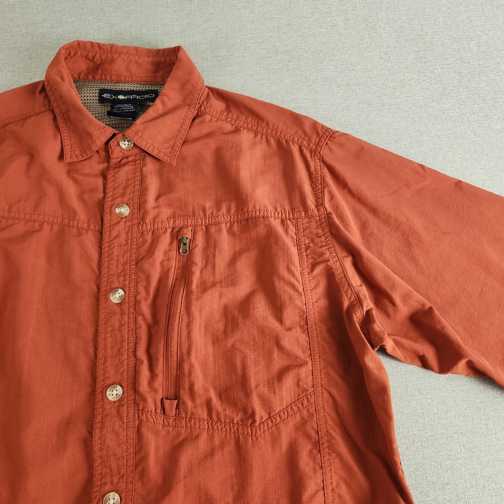 ExOfficio Mens Large Long Sleeve Hiking Shirt Rust Orange Ventilated Mesh Back